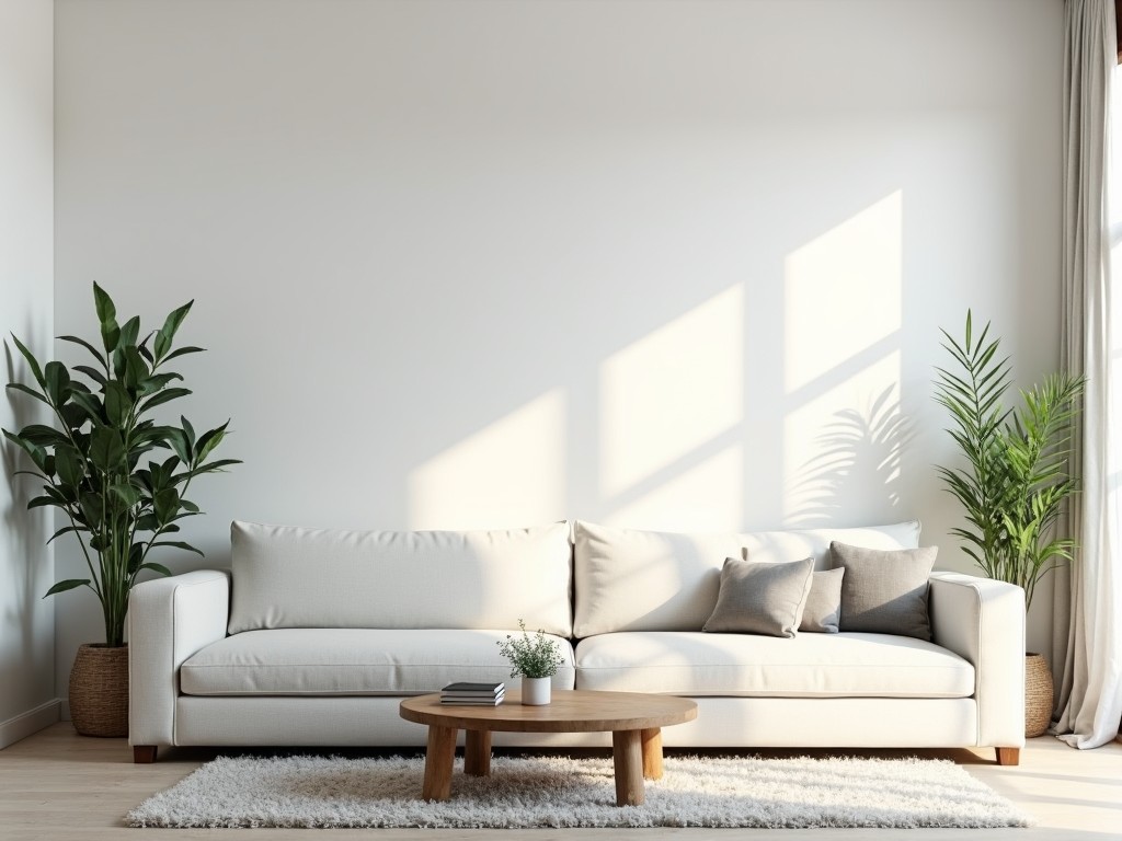 A clean, minimalist living room with white walls and simple furniture.