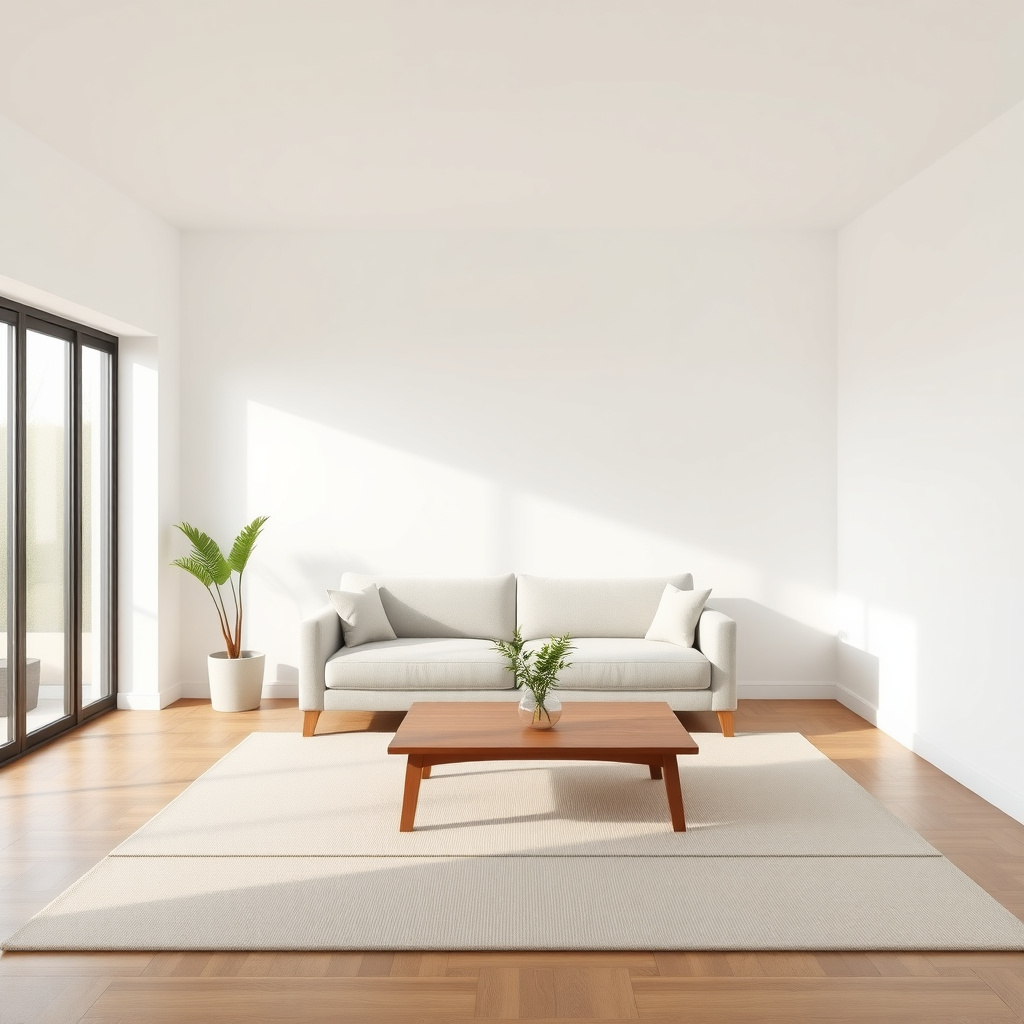 Ein ruhiges minimalistisches Wohnzimmer mit natürlichem Licht und wenigen Möbeln