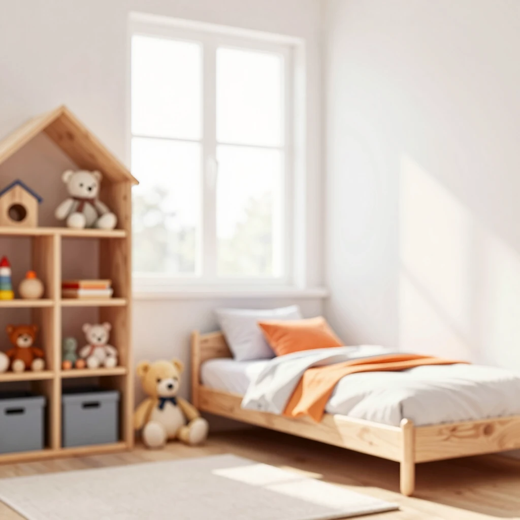 Helles, minimalistisches Kinderzimmer mit ordentlichen Regalen und natürlichem Licht