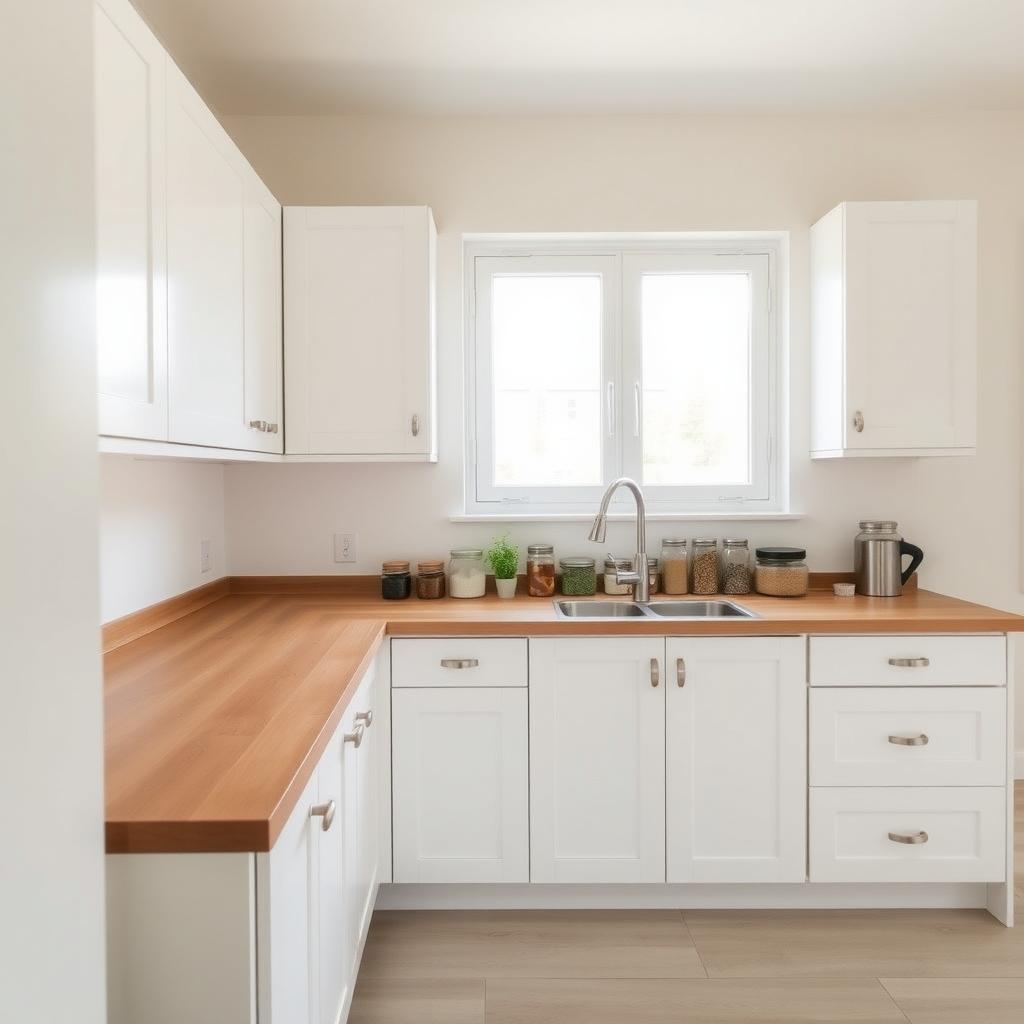 Eine minimalistische Küche mit weißen Schränken, einer sauberen Holztheke, Glasbehältern für Vorräte und einer kleinen Kräuterpflanze am Waschbecken.