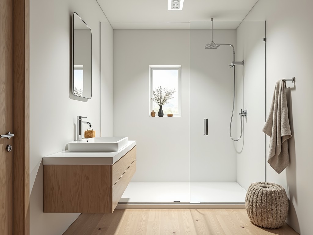 A sleek, minimalist bathroom with white tiles, wooden accents, and a single plant, creating a serene atmosphere.