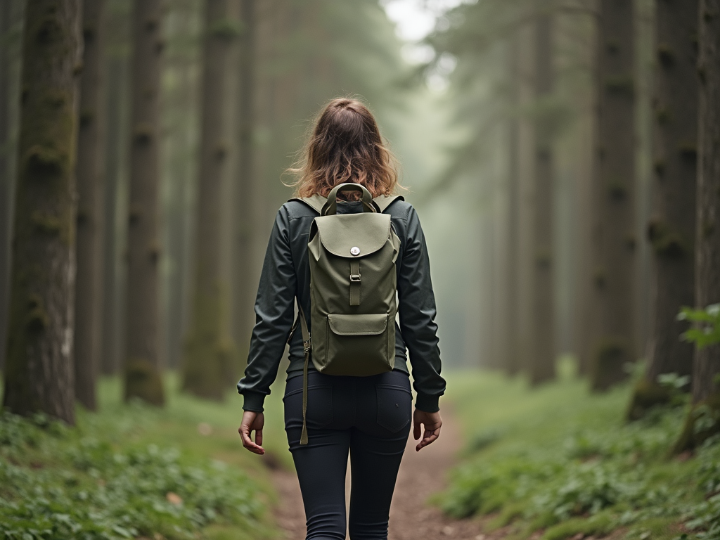 Eine Person, die mit leichtem Gepäck durch den Wald wandert, zeigt minimalistisches Reisen.
