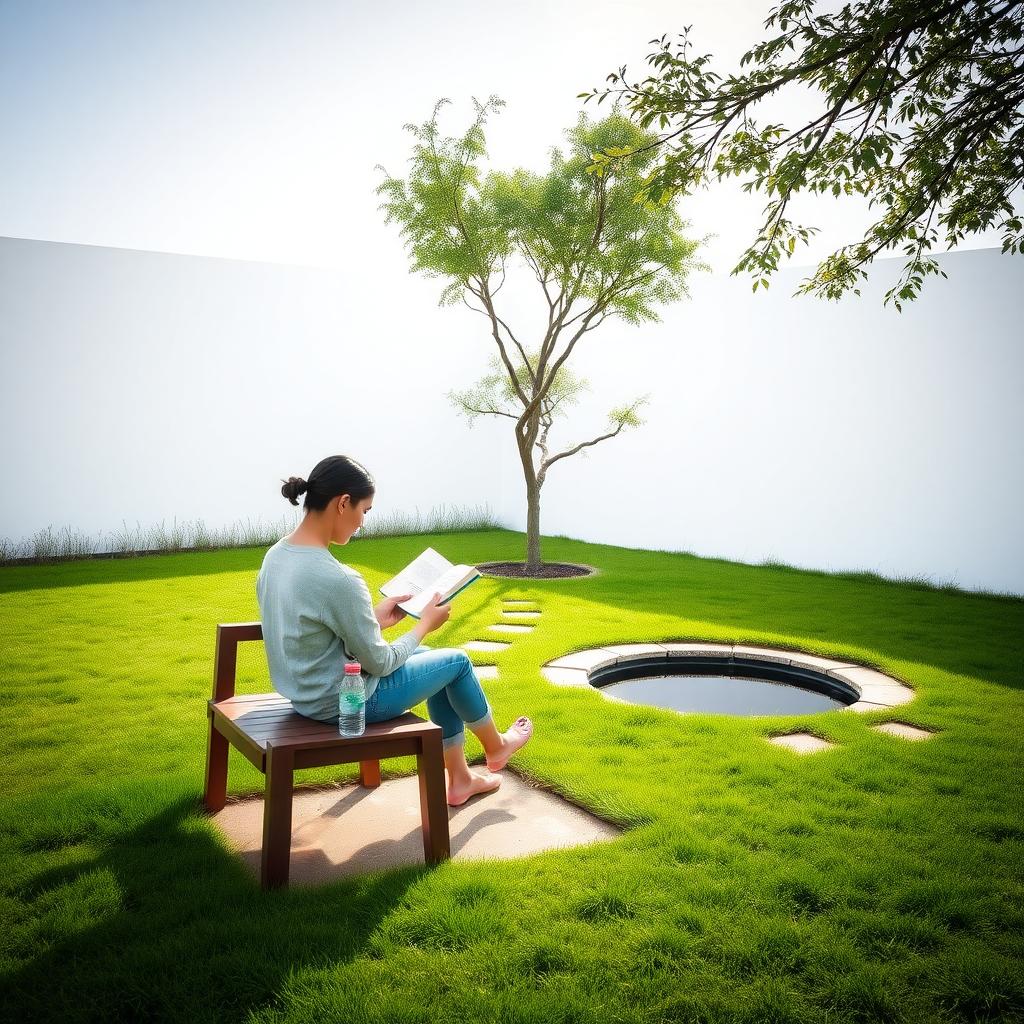 Ruhige Gartenszene mit einer Person, die auf einer Bank ein Buch liest, neben einer wiederverwendbaren Wasserflasche.