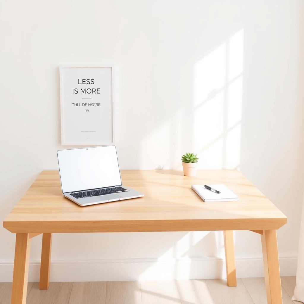 Ein ordentlicher, minimalistischer Schreibtisch mit Laptop, Notizbuch, Stift und einer kleinen Sukkulente vor einem Fenster.