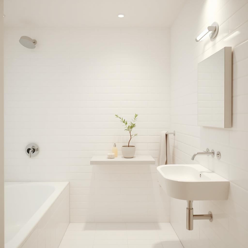 Ein minimalistisches Badezimmer mit weißen Fliesen, einer einzelnen Topfpflanze und einer aufgeräumten Waschbeckenzone, beleuchtet von weichem Licht.