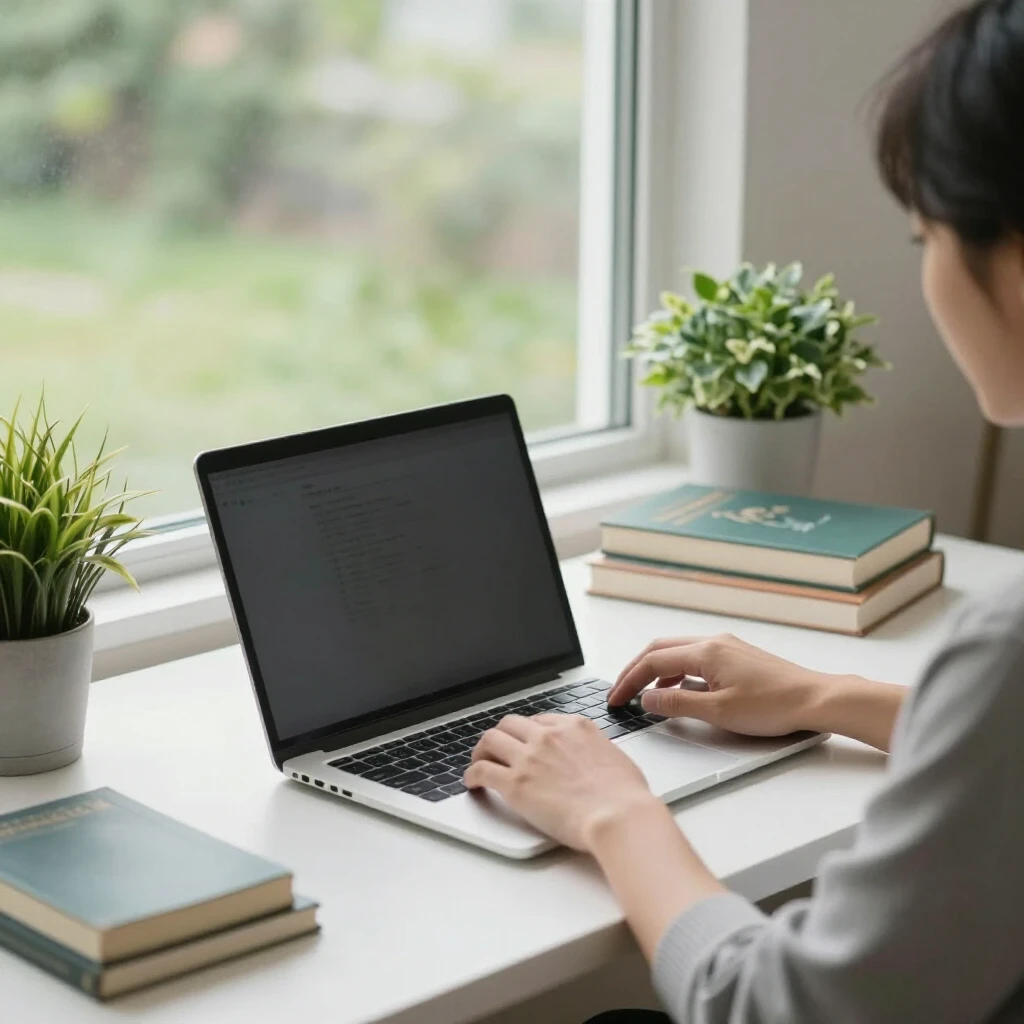 Eine ausgewogene Szene: Eine Person arbeitet am Laptop, umgeben von Büchern, Pflanzen und einem Blick in die Natur, symbolisiert Harmonie zwischen Technik und Leben.