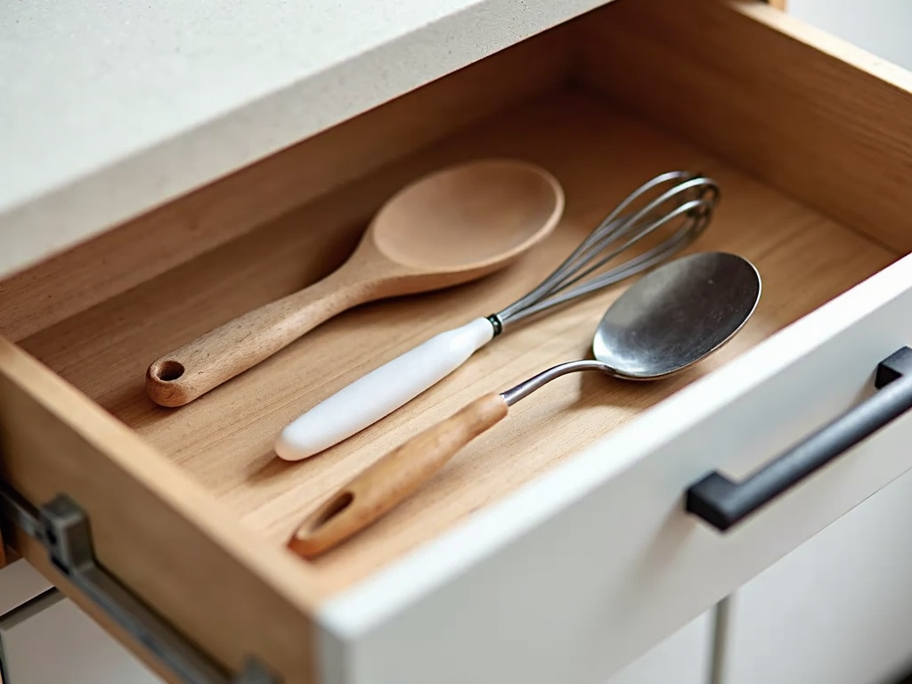 Eine ordentlich organisierte Küchenschublade mit wenigen wichtigen Utensilien wie einem Holzlöffel, einem Pfannenwender und einem Schneebesen.