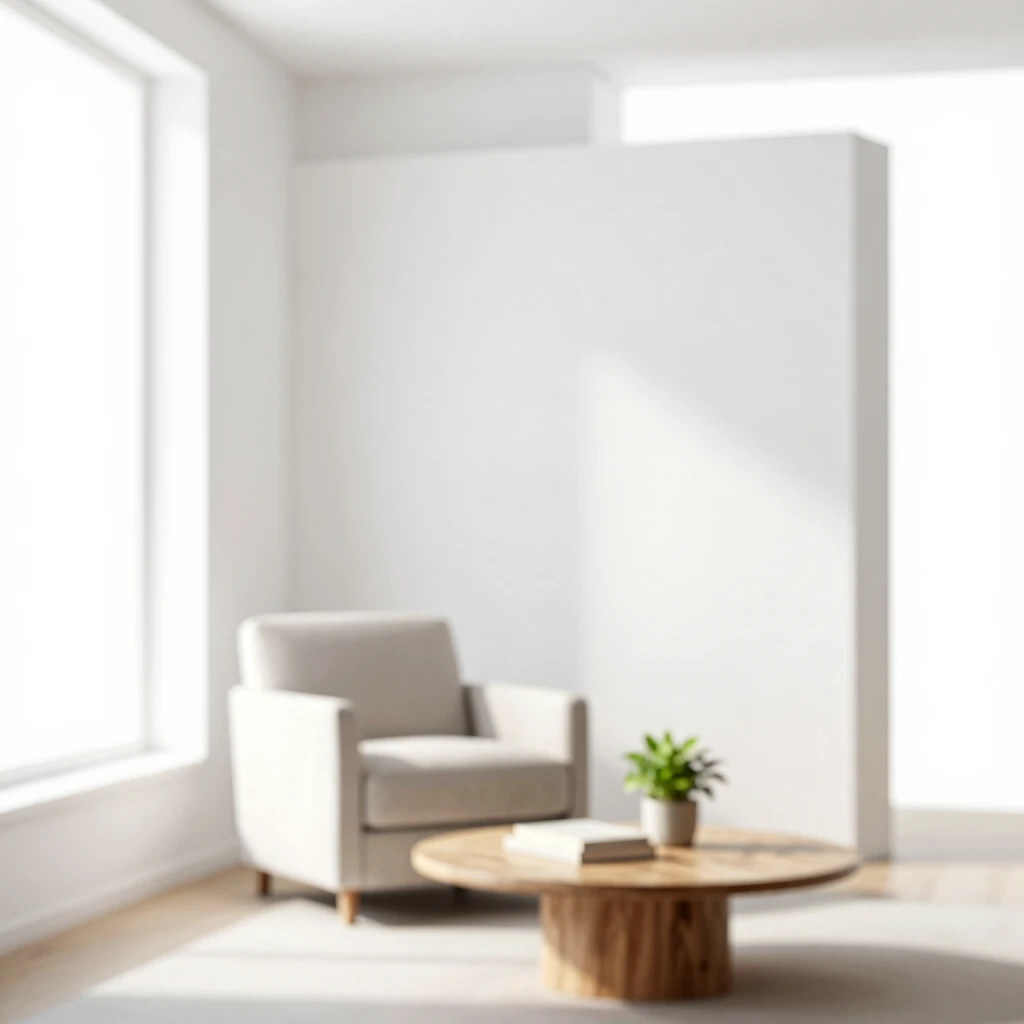Minimalistisches Wohnzimmer mit natürlichem Licht und wenigen Möbeln