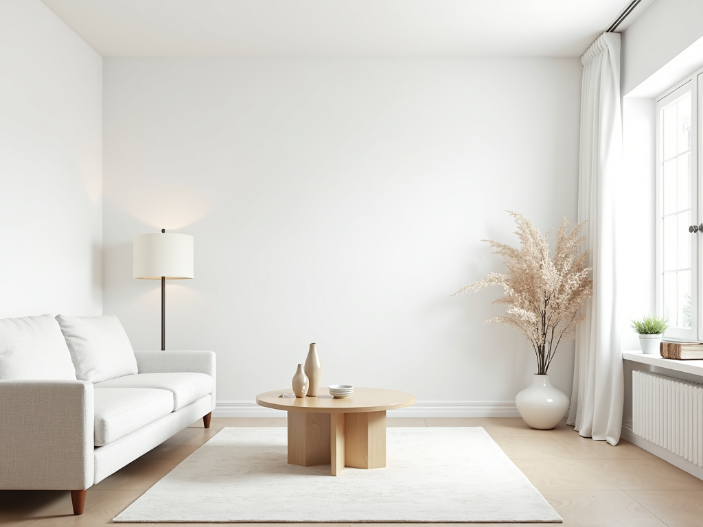 Ein minimalistischer Wohnraum mit weißen Wänden, einem einfachen Sofa und wenigen Dekorationsgegenständen.