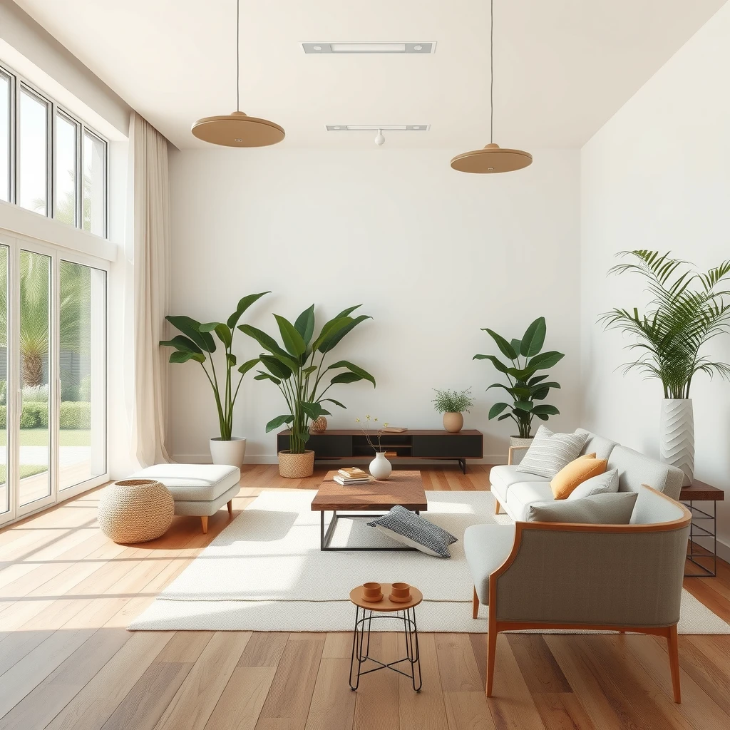 Helles minimalistisches Wohnzimmer mit nachhaltigen Materialien und natürlichen Farbtönen