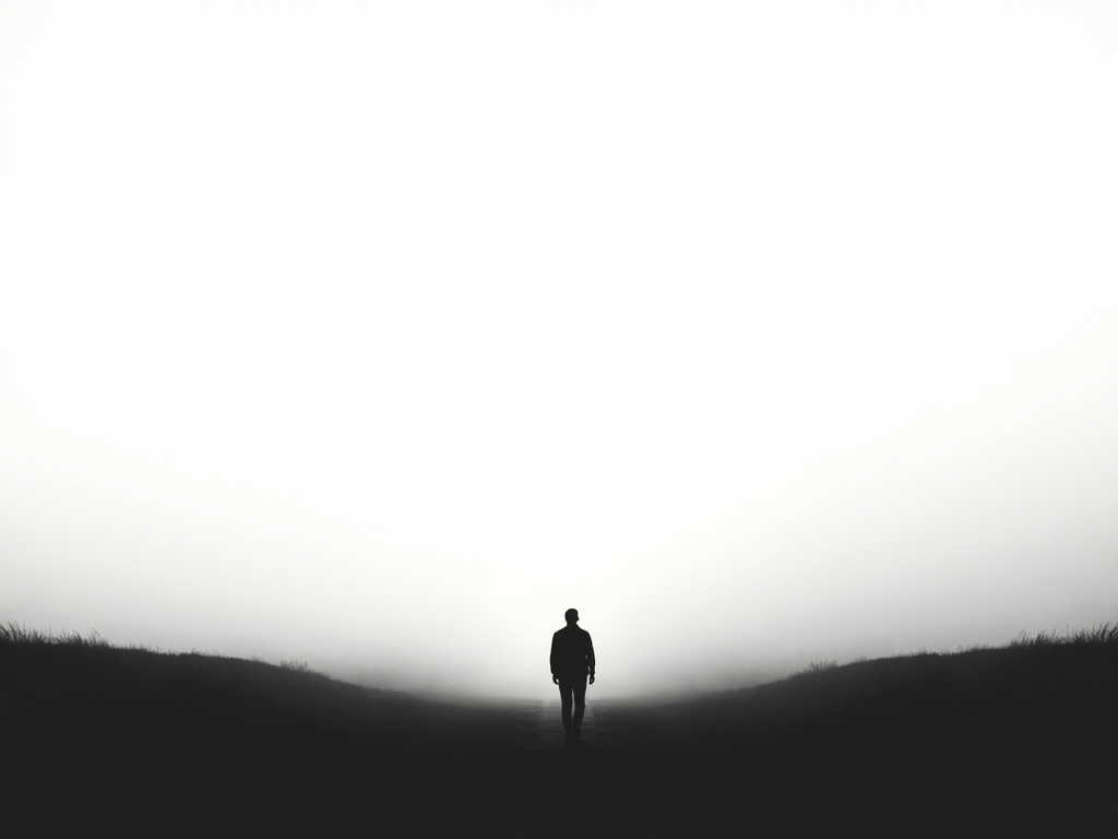 Minimalistische Landschaft mit einer einsamen Figur, die vor einem hellen Himmel silhouettiert ist
