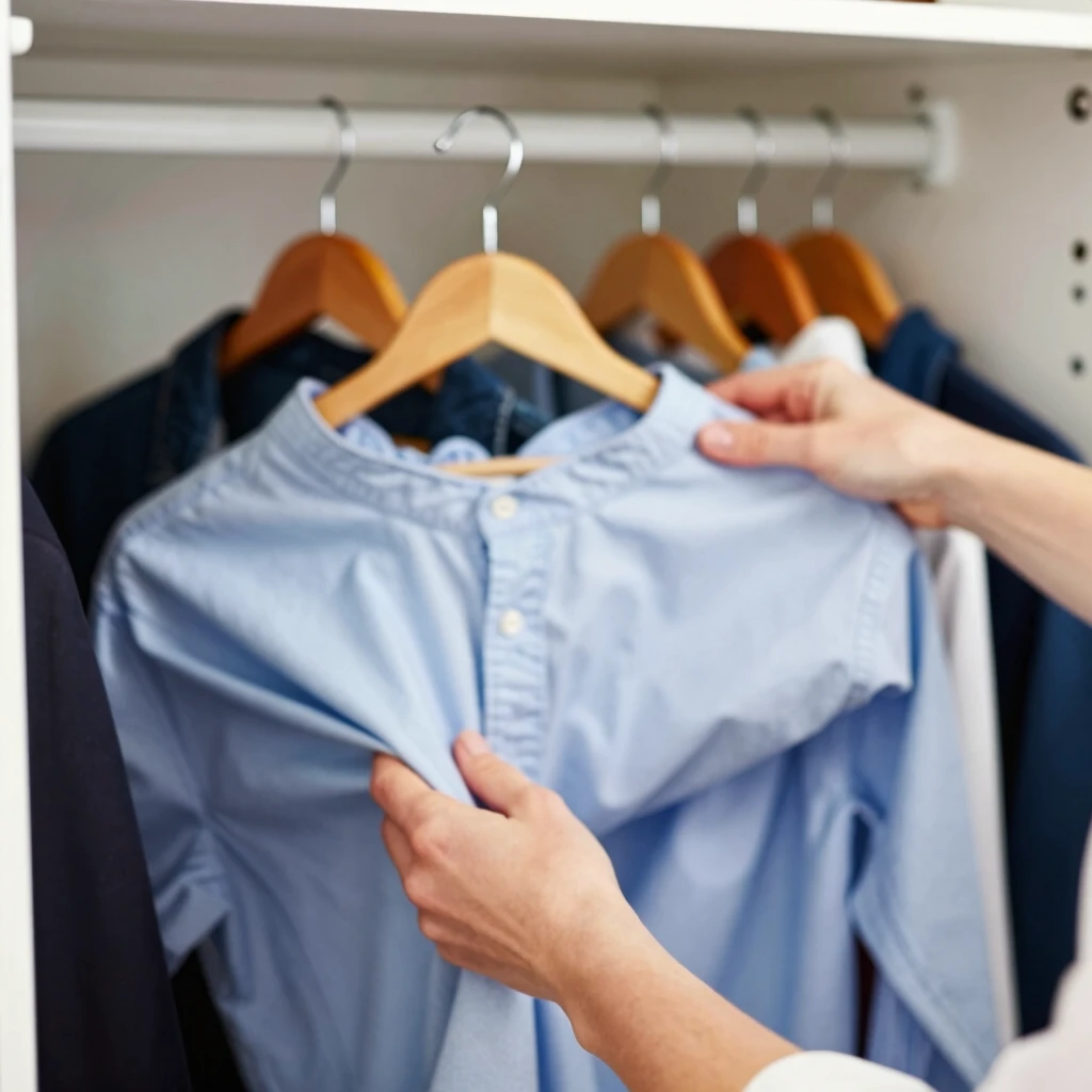 Eine Person sortiert Kleidung im Schrank und entscheidet sich für Minimalismus