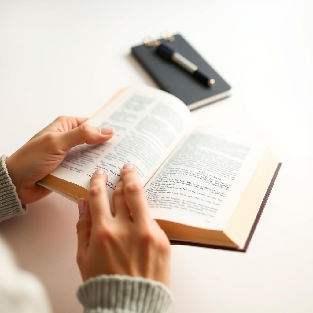 Nahaufnahme von Händen, die ein offenes Hardcover-Buch halten, auf einem minimalistischen Schreibtisch mit Stift und Notizbuch.