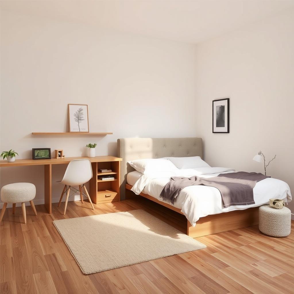 Ein minimalistisches Schlafzimmer, das Funktionalität und Einfachheit betont.