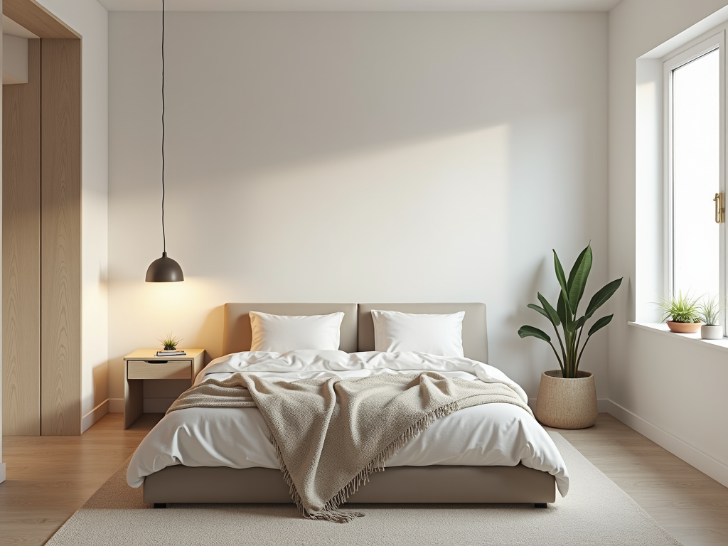 Minimalistisches Schlafzimmer mit einfachem Bett und neutralen Tönen