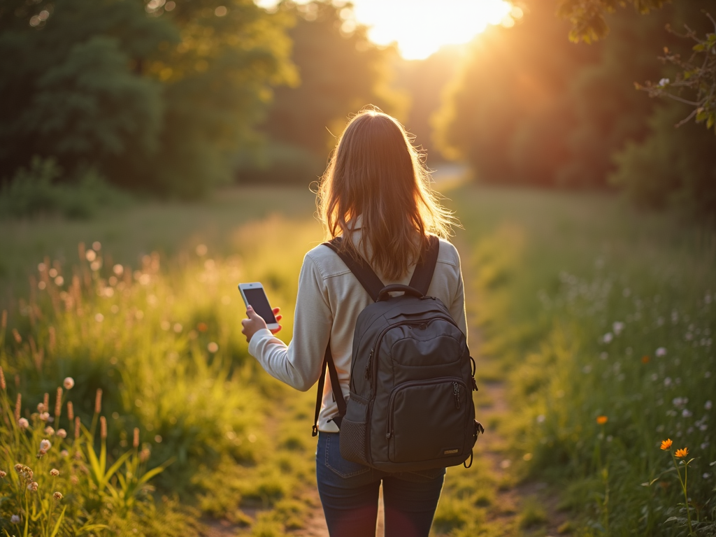 Eine Person spaziert in der Natur, lässt das Handy zurück und genießt die Ruhe.