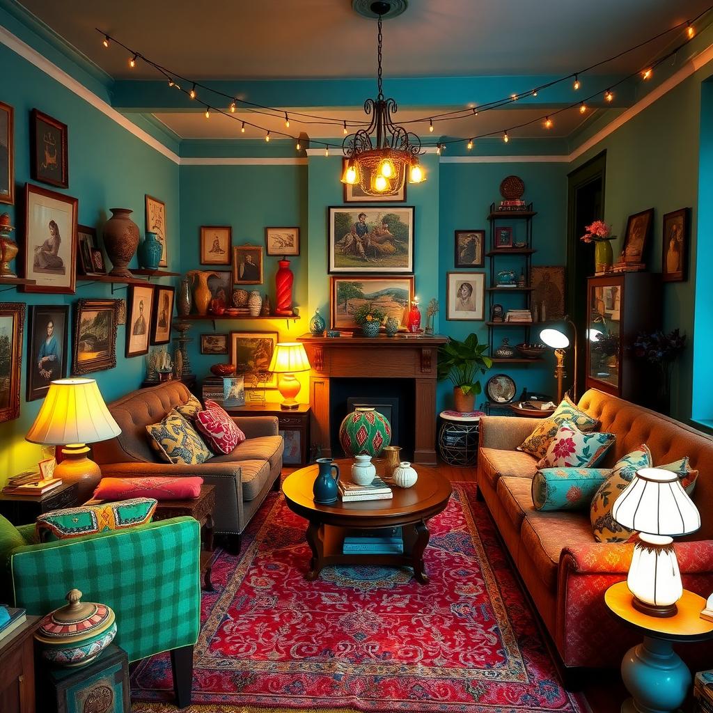 Ein gemütliches Wohnzimmer mit bunten Farben, eklektischen Möbeln, vintage Vasen, farbigen Kissen und gemusterten Teppichen, beleuchtet durch warme Stehlampen und Lichterketten.