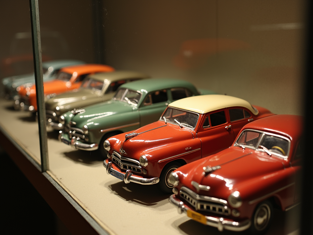 Eine Sammlung von Vintage-Spielzeugautos in einer Glasvitrine, jedes Auto glänzt im sanften Licht.