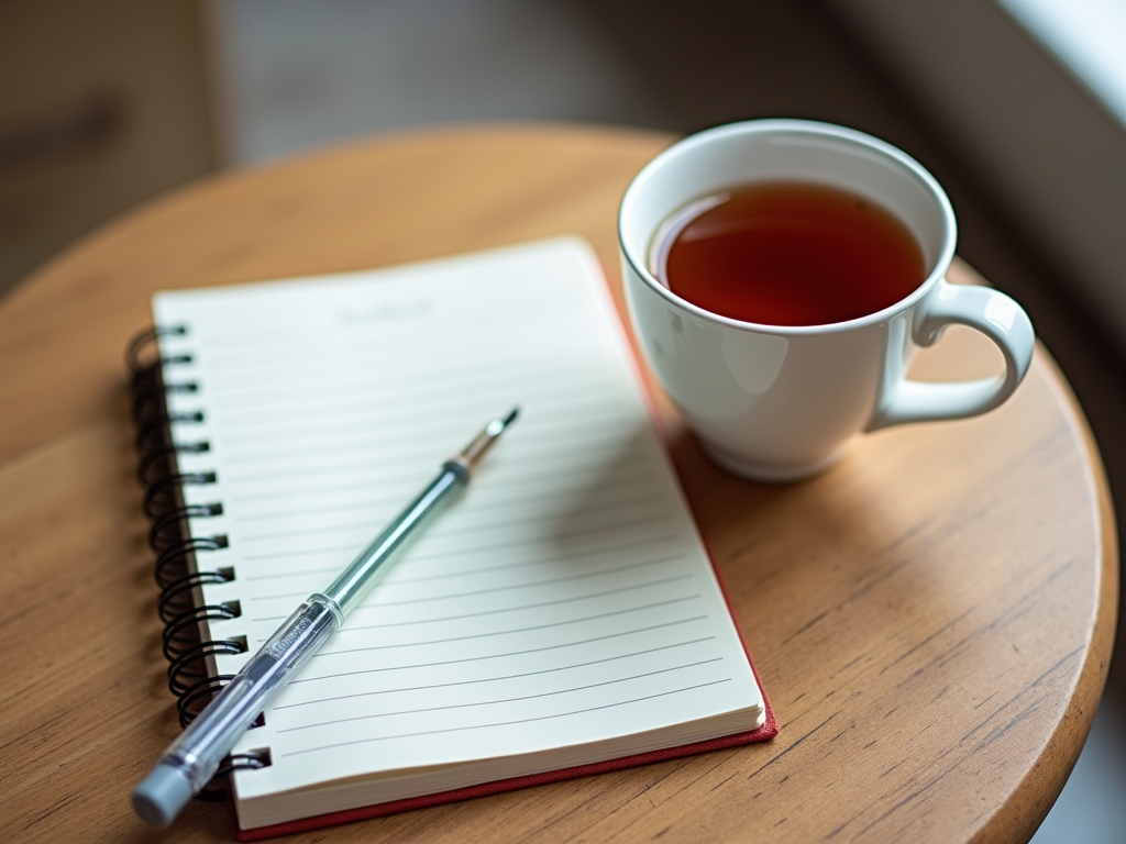 Ein Tisch mit Notizbuch, Stift und einer Tasse Tee.