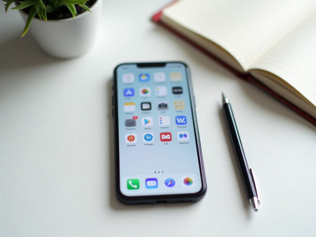 Smartphone mit minimalistischer Startseite auf einem sauberen Schreibtisch