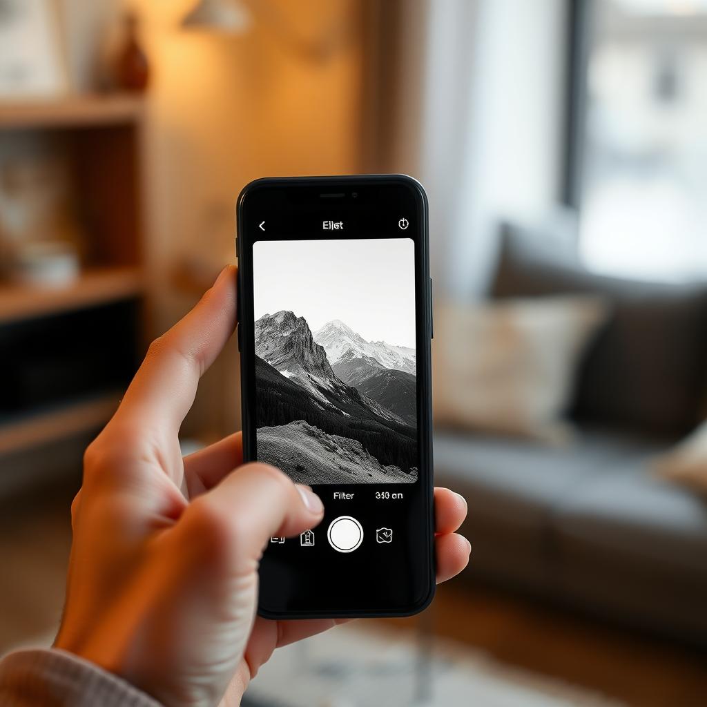 Hand hält Smartphone mit Bearbeitung eines minimalistischen Schwarz-Weiß-Fotos von Bergen