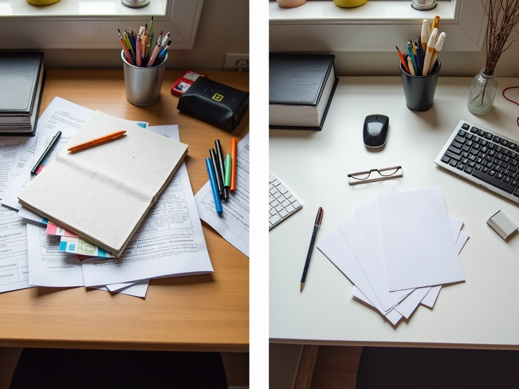 Vorher-Nachher-Bild eines minimalistischen Arbeitsplatzes