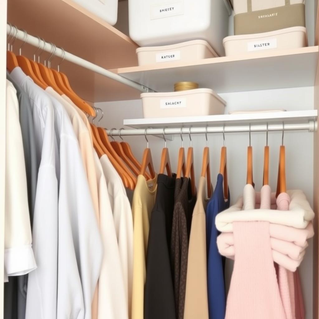 Ein ordentlich organisierter Kleiderschrank mit farblich sortierter Kleidung auf Holzbügeln und beschrifteten Aufbewahrungsboxen.