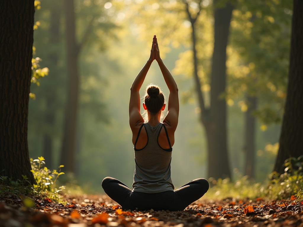 Eine Person praktiziert Yoga in einer friedlichen Waldumgebung, umgeben von Bäumen.
