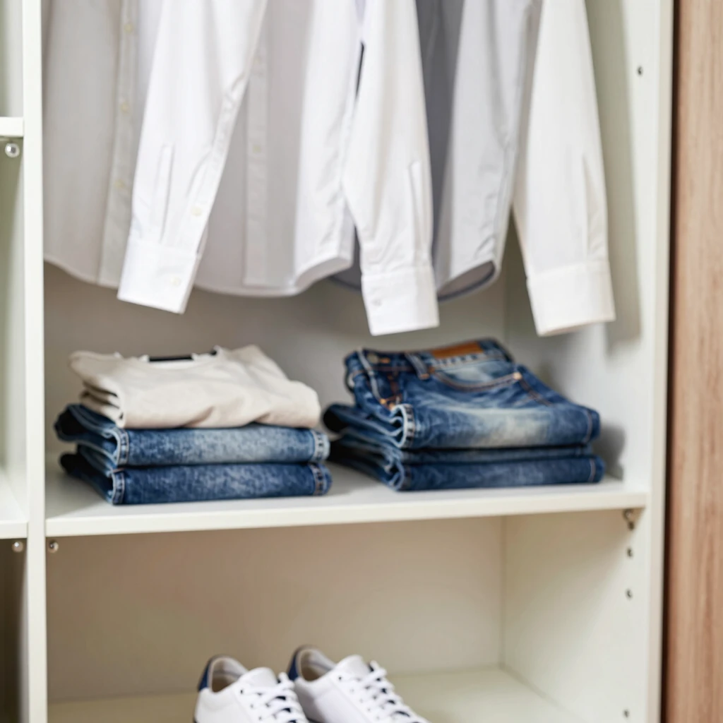 Offener Kleiderschrank mit minimaler, ordentlicher Garderobe