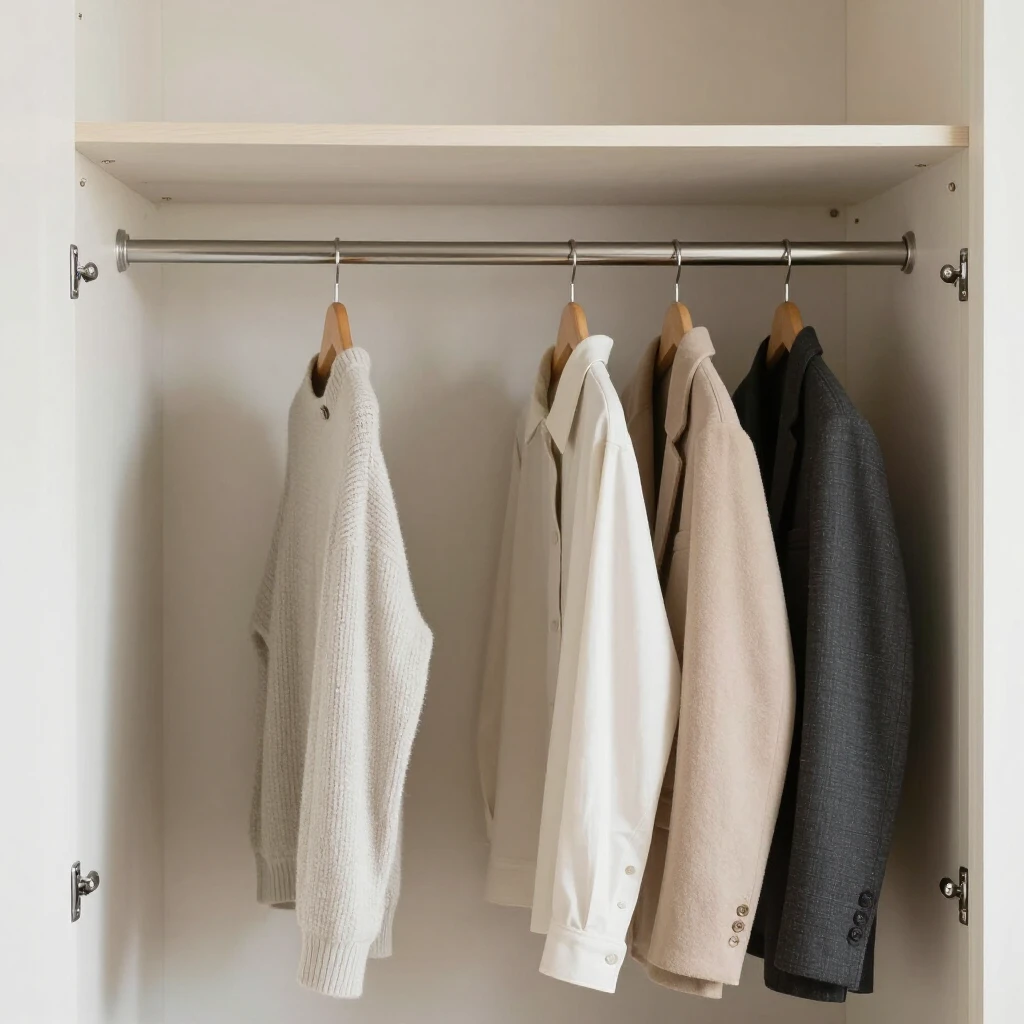 Ein ordentlicher, minimalistischer Kleiderschrank mit wenigen hochwertigen Kleidungsstücken in neutralen Farben, sauber aufgehängt in einem offenen Schrank