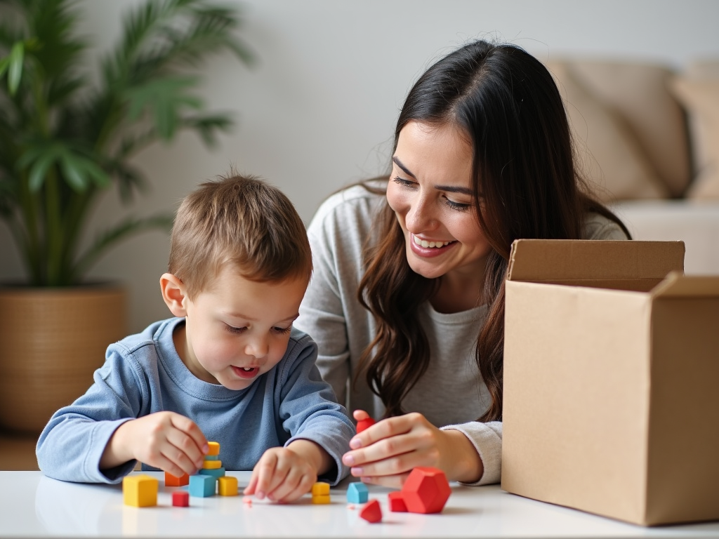 Eltern und Kind besprechen, welche Spielsachen behalten werden, mit einer Spendenbox daneben