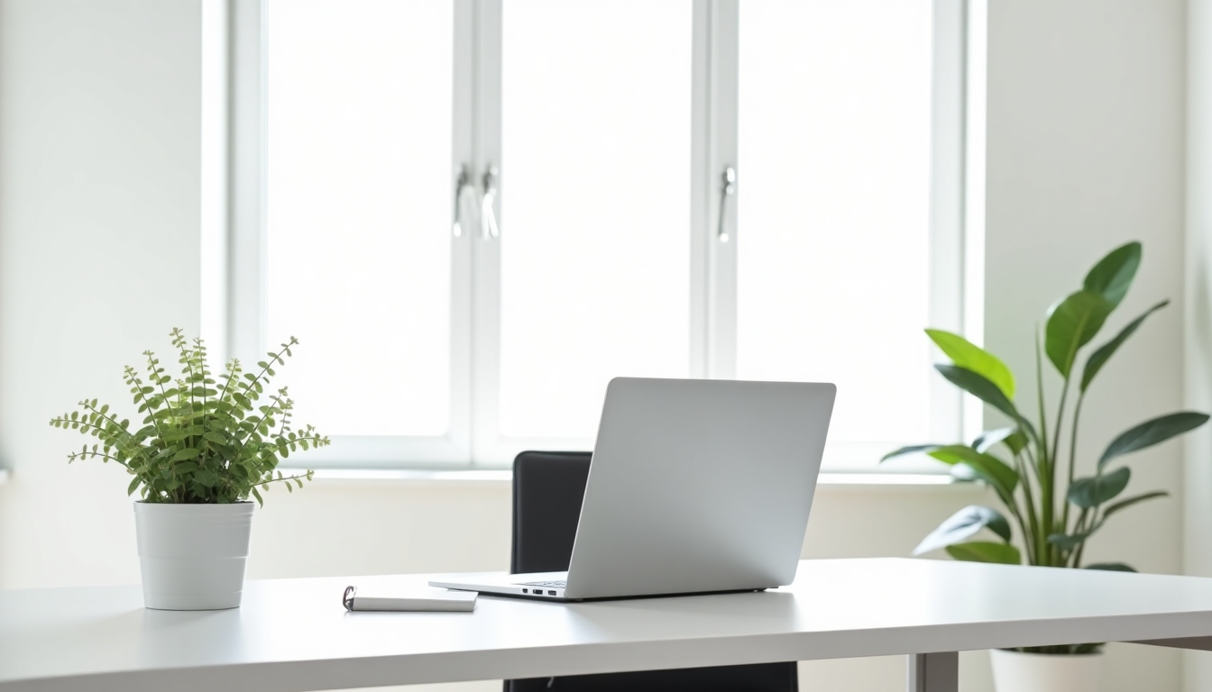 Ein minimalistischer Arbeitsplatz mit einem eleganten Schreibtisch, einem Laptop und einer kleinen Pflanze.