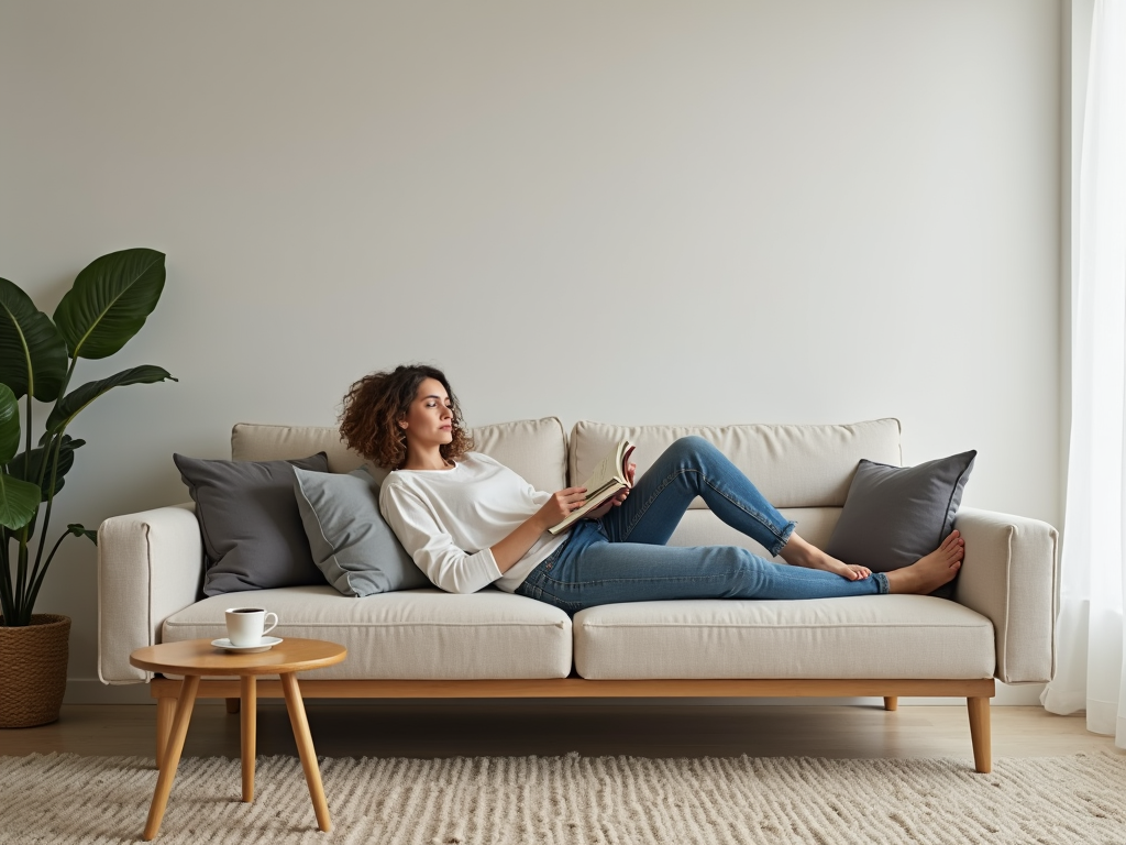 Eine Person entspannt auf einem schlichten Sofa in einem minimalistischen Wohnzimmer, liest ein Buch und hat eine Tasse Tee auf einem kleinen Tisch neben sich.