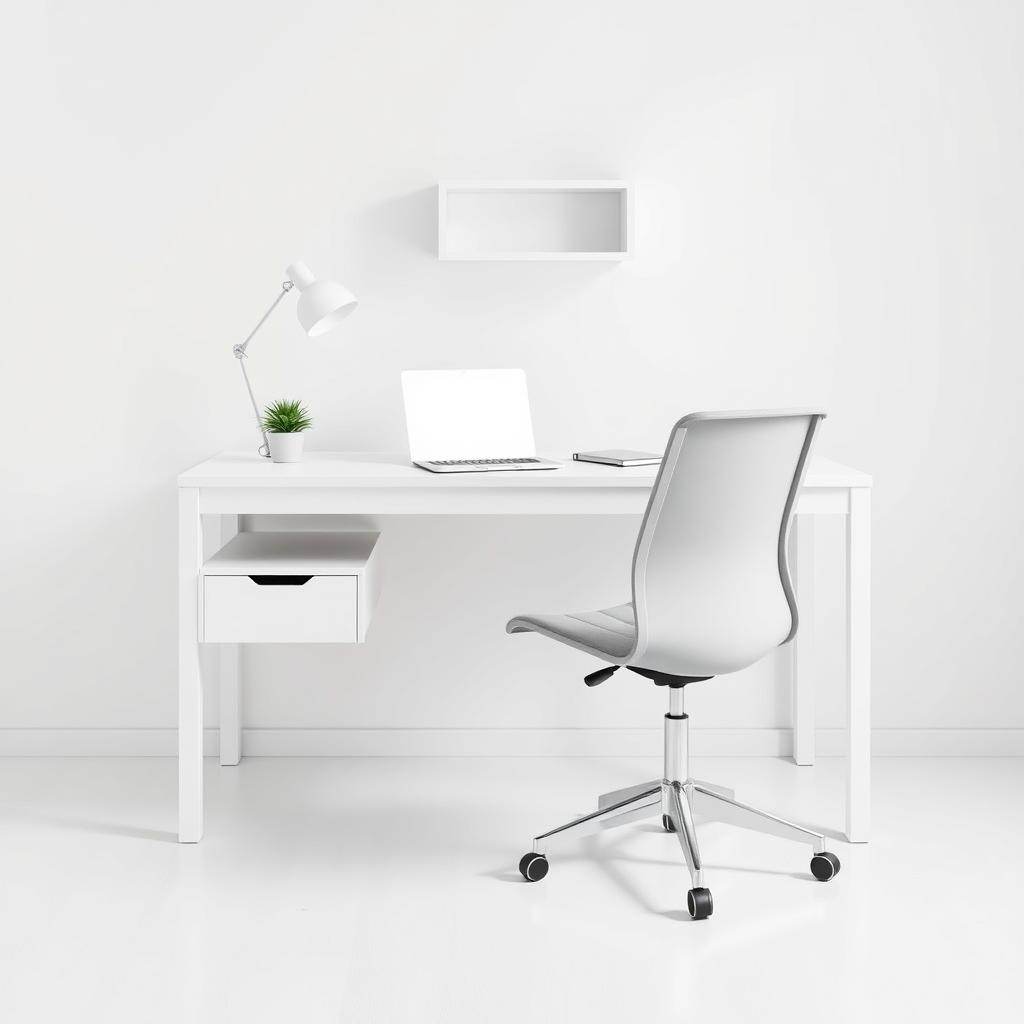 Minimalistisches Homeoffice mit einem weißen Schreibtisch, einem ergonomischen Stuhl und einer kleinen Topfpflanze.