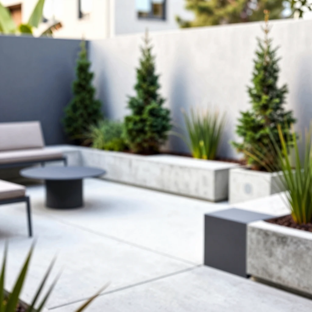 Kleiner städtischer Minimalismus-Garten mit Betonelementen und Topfpflanzen