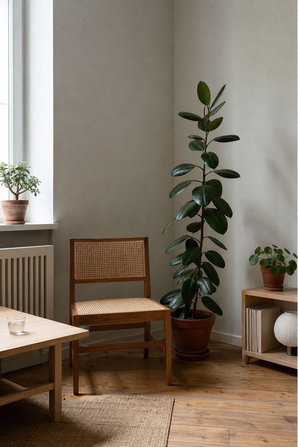 Minimalistisches Eckchen mit Pflanzen und wenigen Möbeln