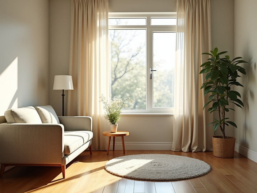Ein gemütliches Wohnzimmer mit einem Sofa, einem kleinen Holztisch und einer einzelnen Pflanze in der Ecke, durchflutet von Sonnenlicht.