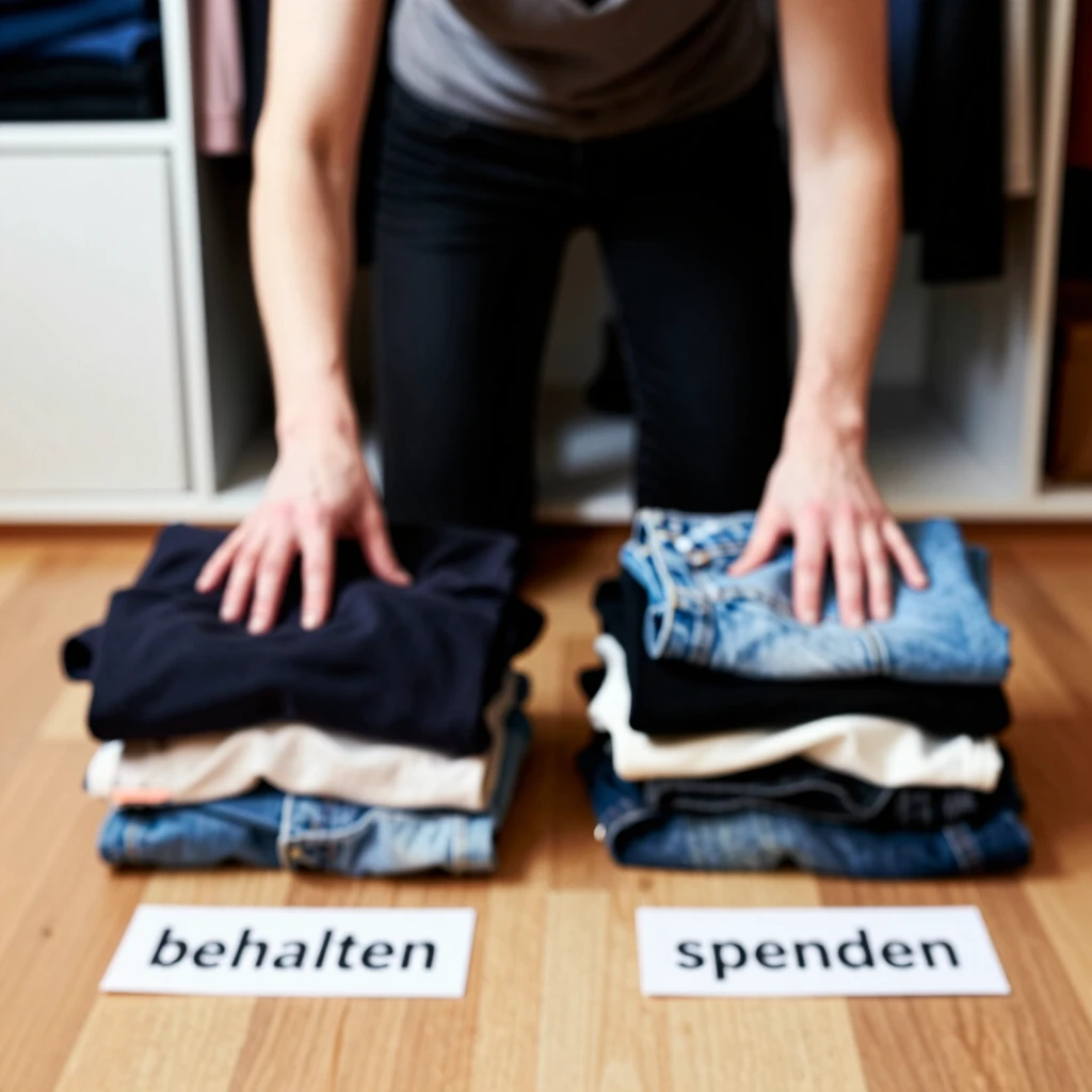 Person sortiert Kleidung aus dem Schrank in Behälter für Behalten und Spenden