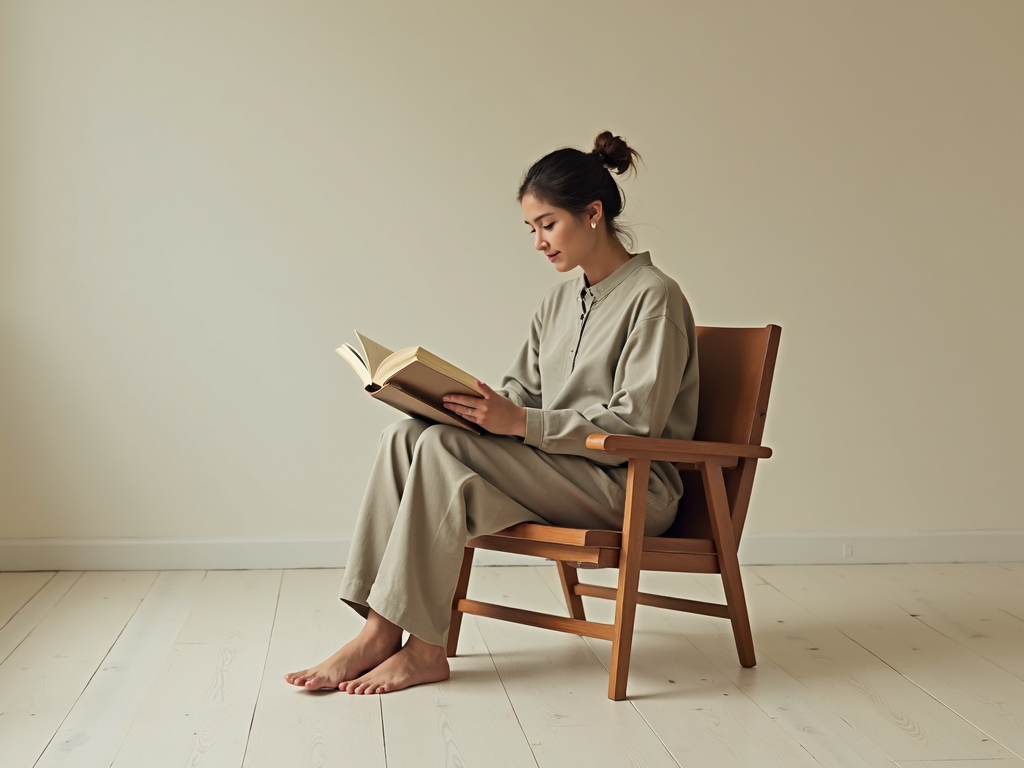Eine Person sitzt auf einem einfachen Holzstuhl in einem spärlich eingerichteten Raum und liest mit ruhigem Gesichtsausdruck ein Buch.