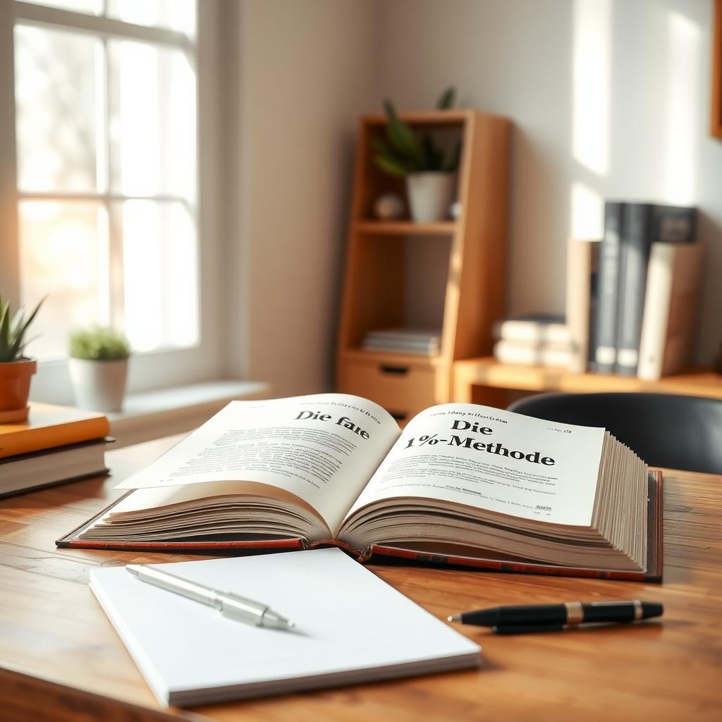 Offenes Buch 'Die 1%-Methode' auf einem minimalistischen Schreibtisch mit Pflanze und Notizbuch.