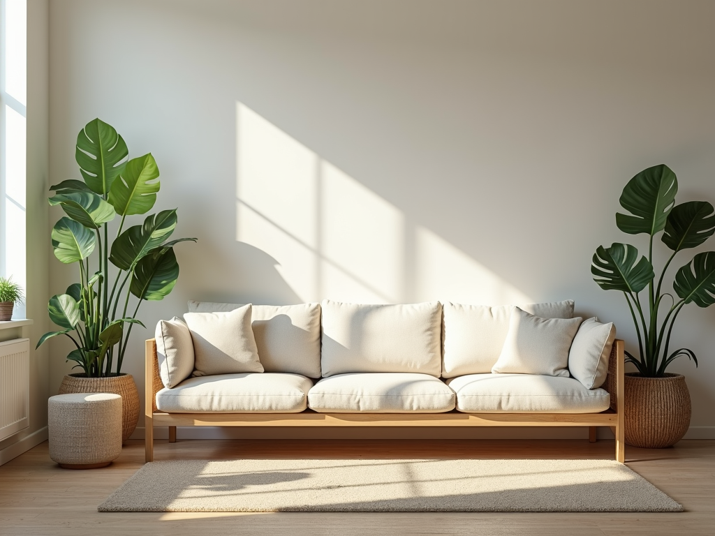 Ein minimalistisches Wohnzimmer mit natürlichem Licht und Pflanzen