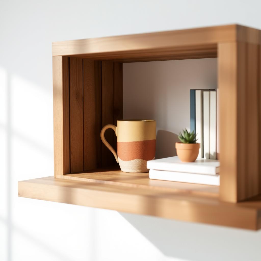 Minimalistisches Regal mit einer handgefertigten Keramiktasse, einer Sukkulente und wenigen Büchern auf einem Regal aus recyceltem Holz vor einer weißen Wand.