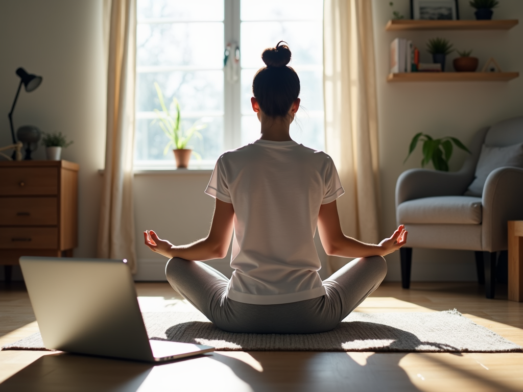 Eine Person meditiert in einem aufgeräumten Raum mit einem geschlossenen Laptop in der Nähe, was einen digitalen Detox symbolisiert.