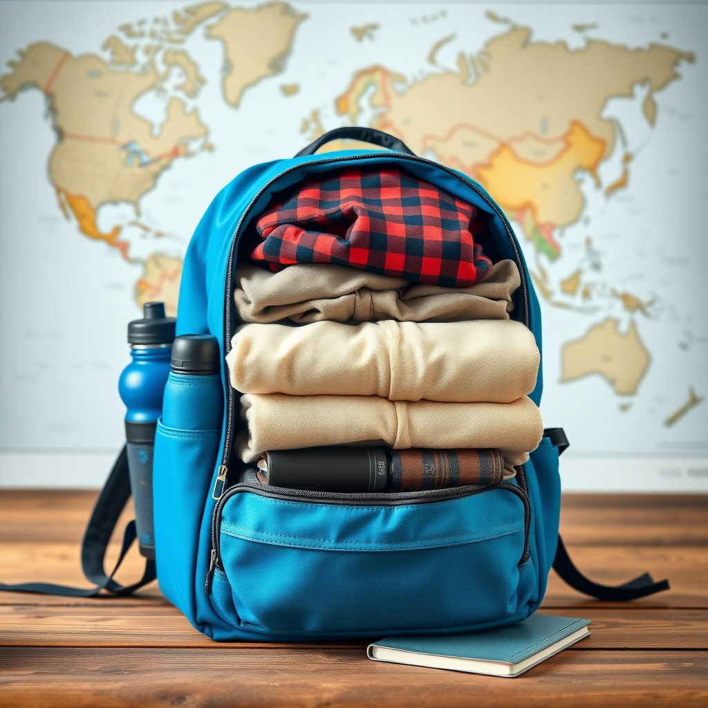 Ein kleiner Rucksack mit essenziellen Reiseartikeln auf einem Tisch mit Weltkarte