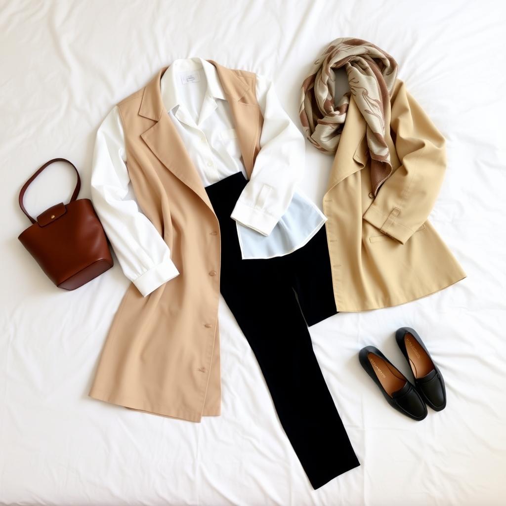 Ein flaches Layout eines Capsule-Wardrobe-Outfits mit weißer Bluse, schwarzer Hose, beigem Trenchcoat und Accessoires auf einem weißen Bett.