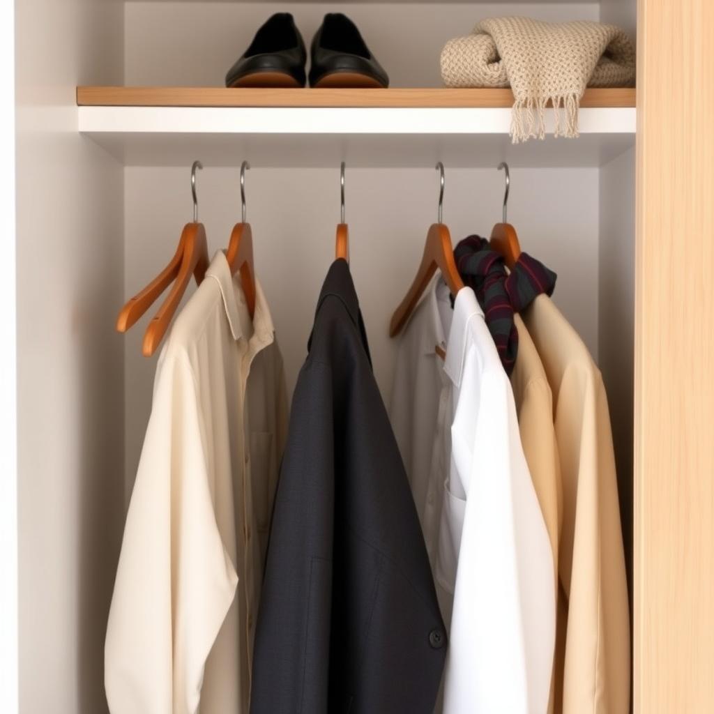 Ein ordentlich organisierter minimalistischer Kleiderschrank mit einer kleinen Auswahl hochwertiger Kleidungsstücke an Holzbügeln, darunter neutralfarbene Hemden, eine Jeans und ein Blazer, mit einem Paar Schuhen und einem Schal auf einem Regal.