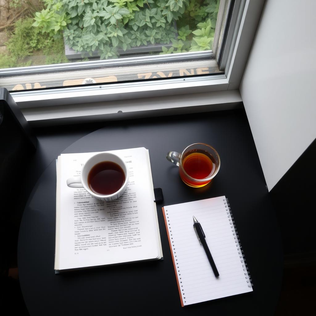 Ein aufgeräumter Schreibtisch mit einem offenen Buch, einer Tasse Tee und einem Notizbuch mit Stift neben einem Fenster mit Blick ins Grüne.