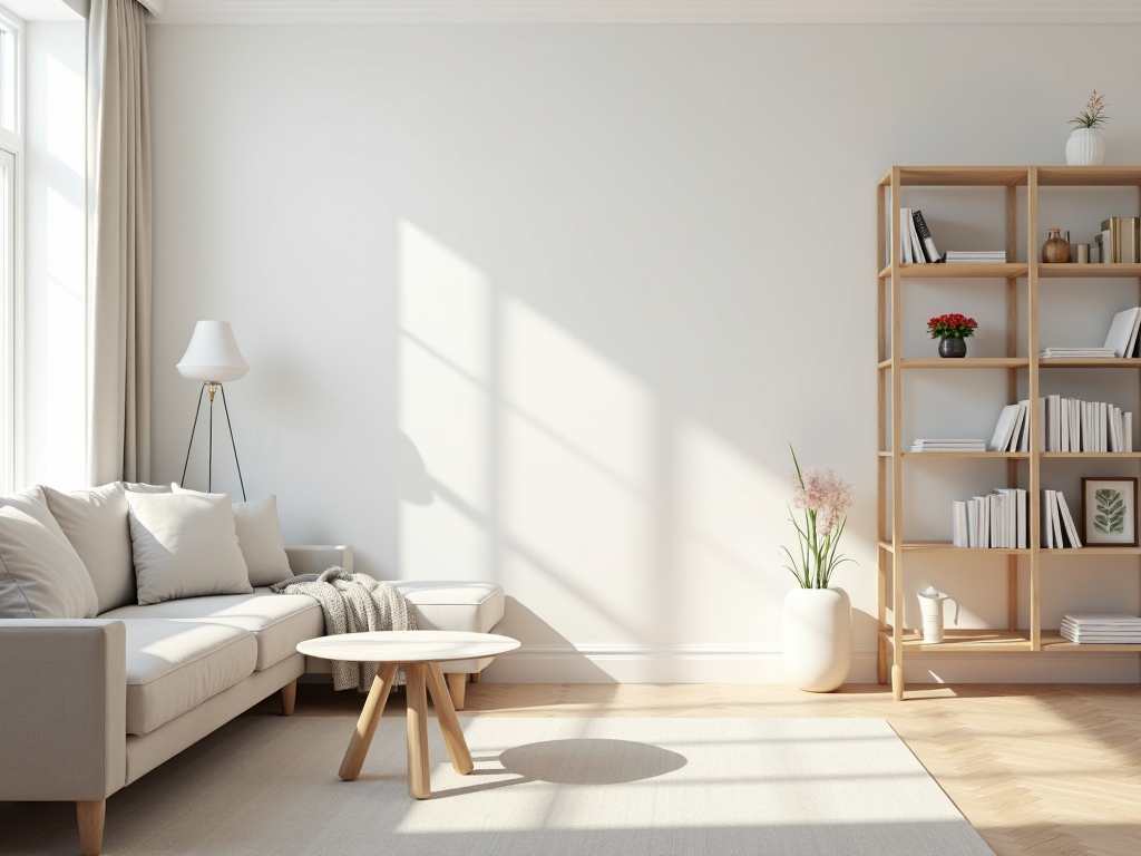 Ein minimalistisch eingerichtetes Wohnzimmer, das Ruhe und Ordnung ausstrahlt.