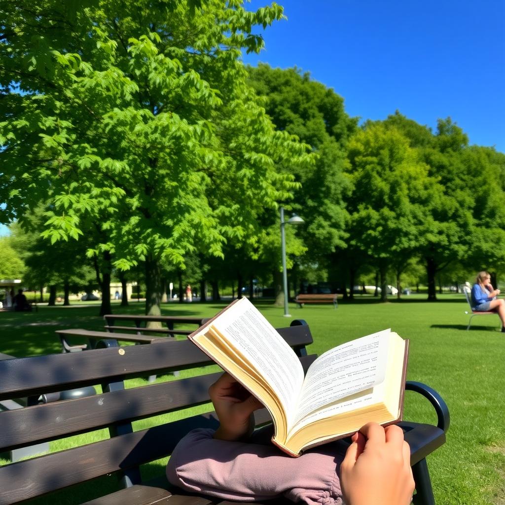 Eine Person sitzt auf einer Parkbank, liest ein Buch, ohne digitale Geräte, umgeben von grünen Bäumen und blauem Himmel.