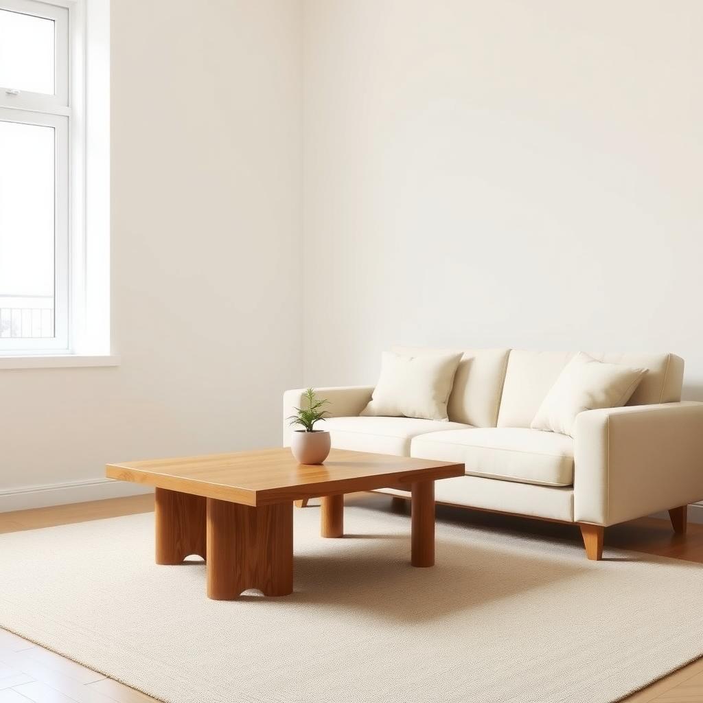 Ein minimalistisches Wohnzimmer mit einem einfachen Holztisch, einer Topfpflanze und einem beigen Sofa vor einer weißen Wand, beleuchtet von weichem Tageslicht.